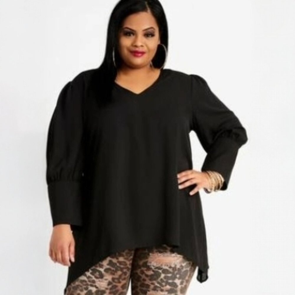 ASHLEY STEWART PLUS SIZE ASYMMETRIC PUFF SLEEVE TUNIC | 30/32 | BLACK